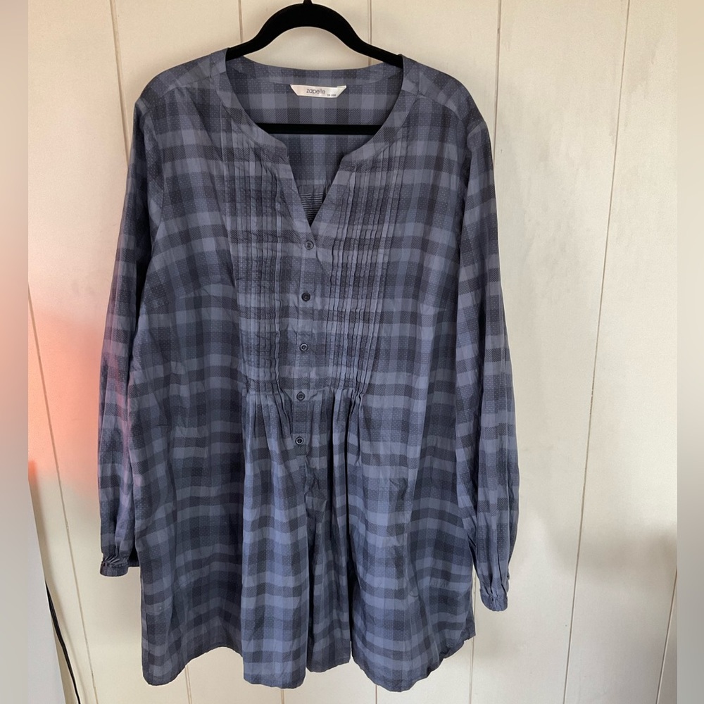 Zapelle, Pintuck Pleat Cotton Check Tunic Shirt, Size 3X - 26W, Pre-owned
